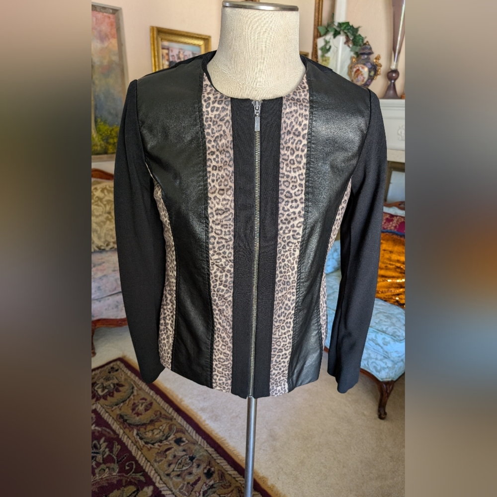Chico's Black Jacket With Animal Print And Faux Leather